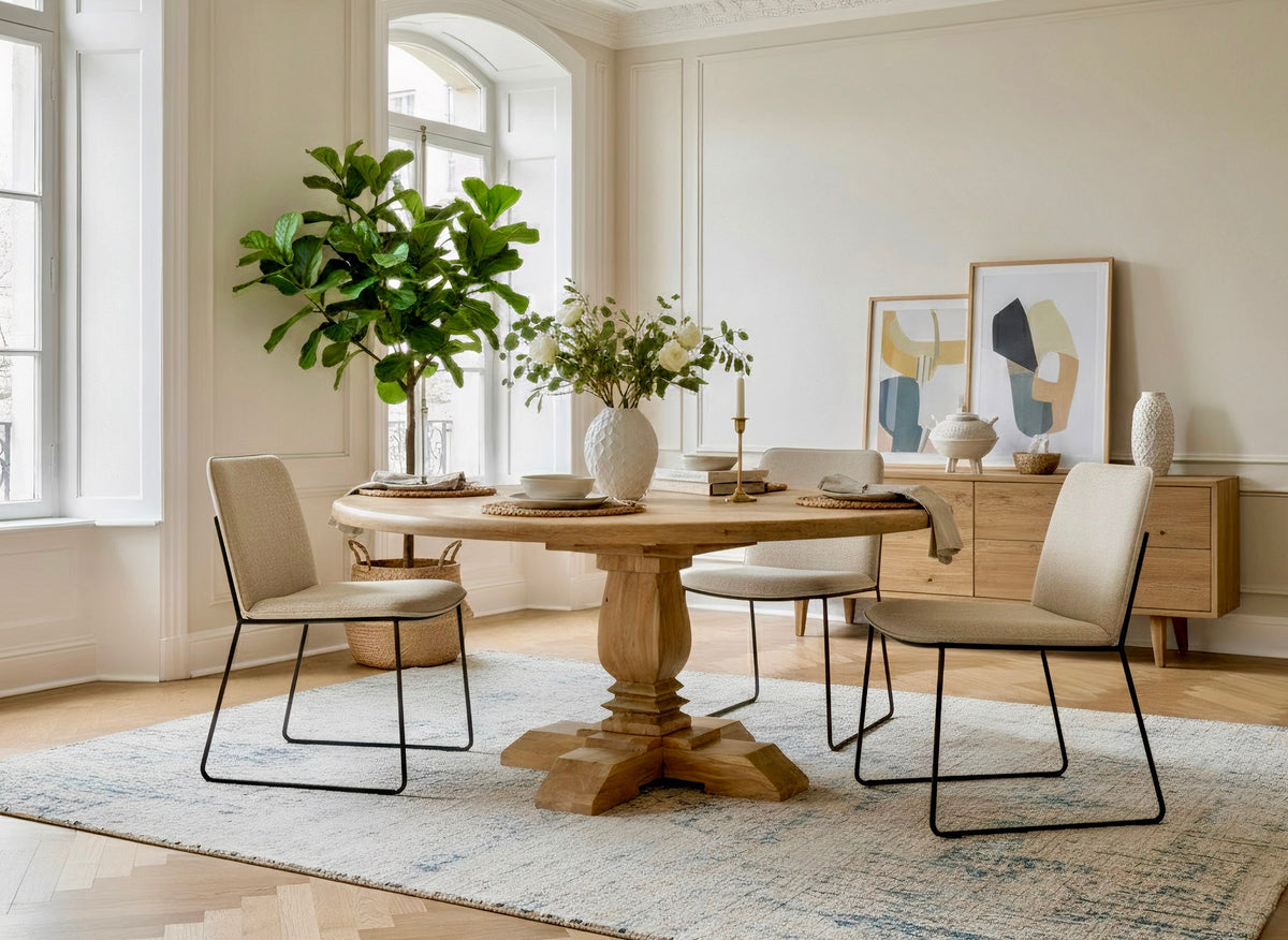 Table ronde en manguier et chaises dans une salle à manger lumineuse