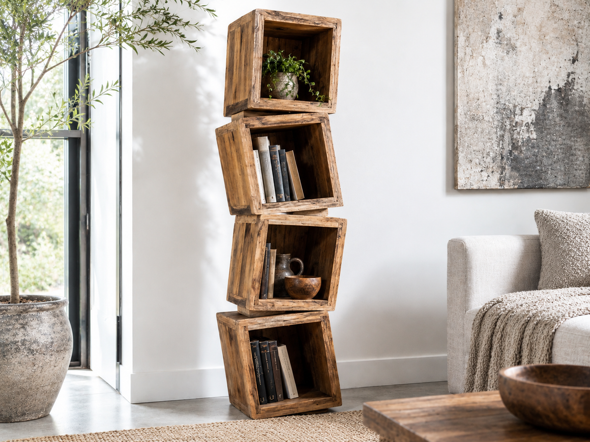 Bibliothèque zigzag en teck recyclé
