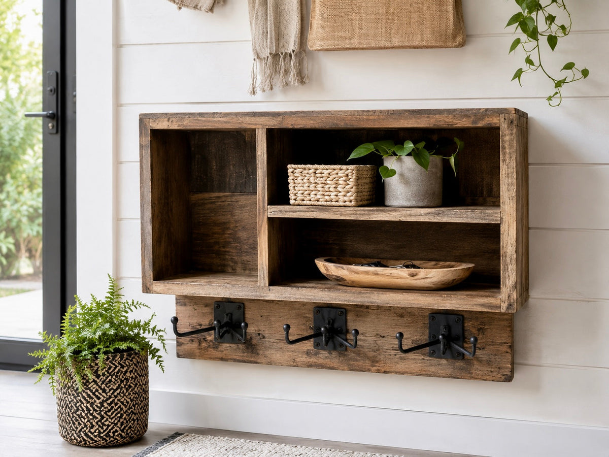 Étagère murale avec crochets en bois recyclé