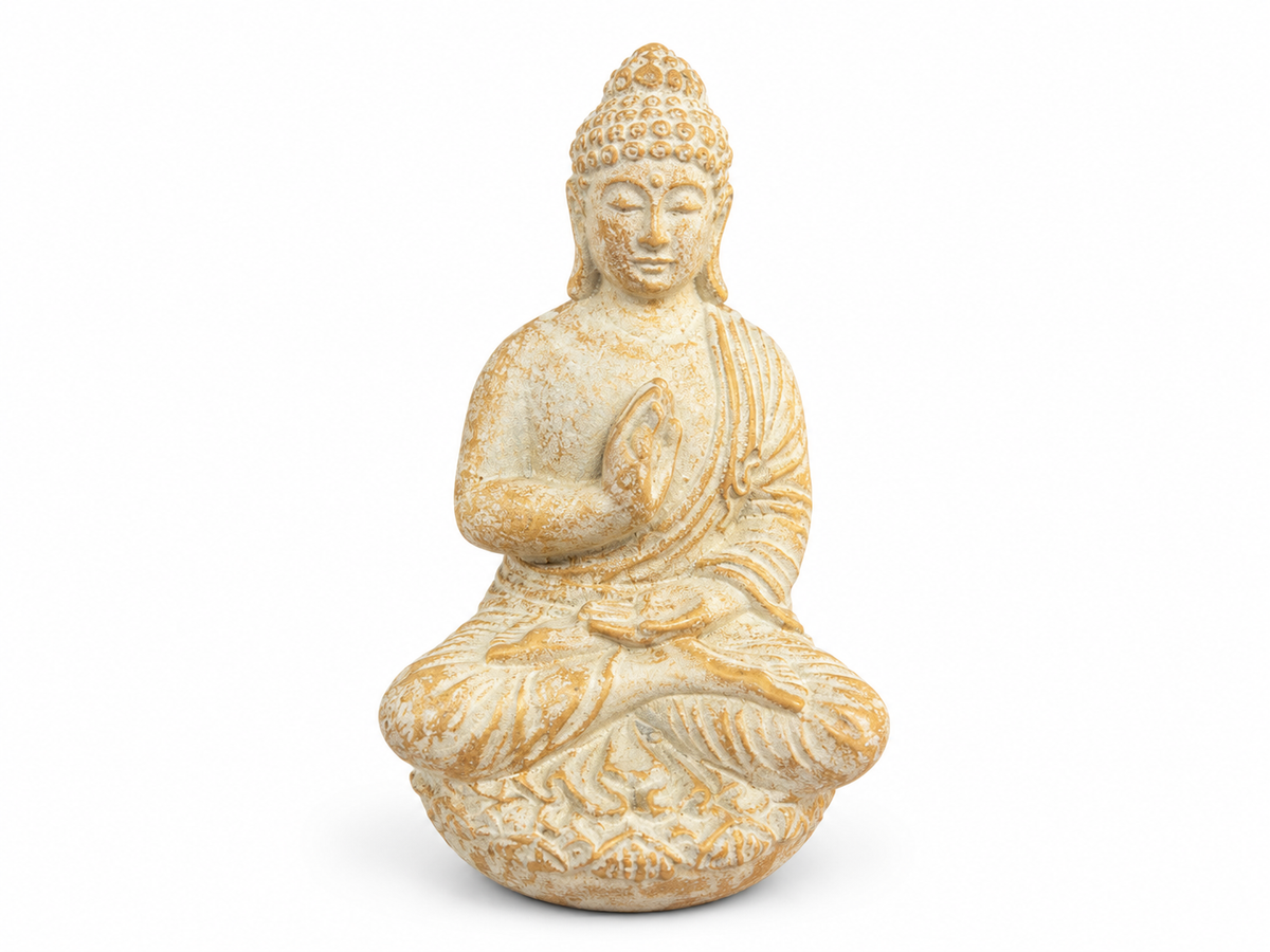 Beige cement Buddha incense holder with an aged finish, seated on a lotus base