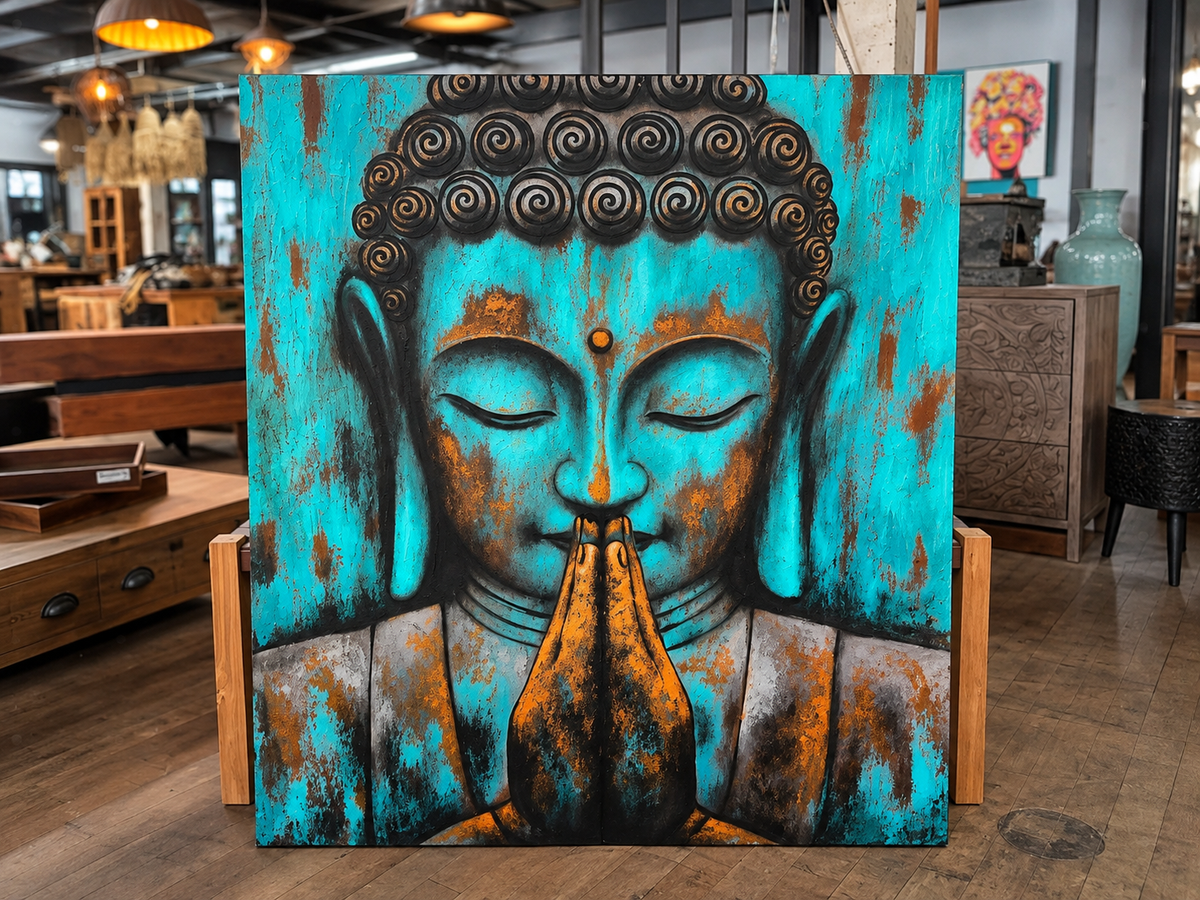 Toile peinte à la main, Bouddha en prière sur fond turquoise et rouille