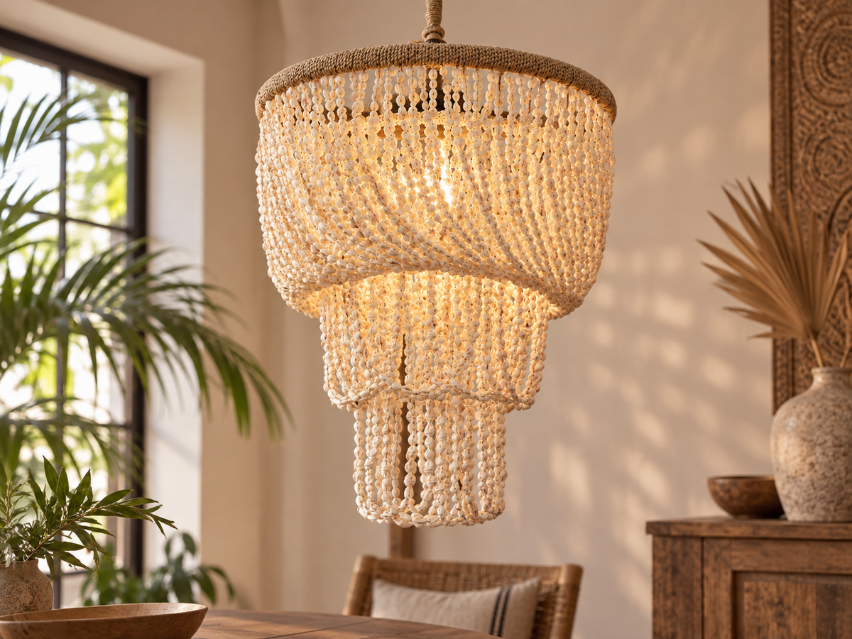 Lustre en coquillages naturels allumé, suspendu au-dessus d'une table de salle à manger
