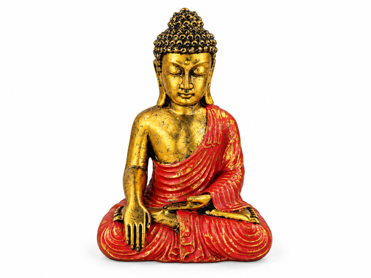 Statue de Bouddha assis en résine, drapé rouge rehaussé de doré