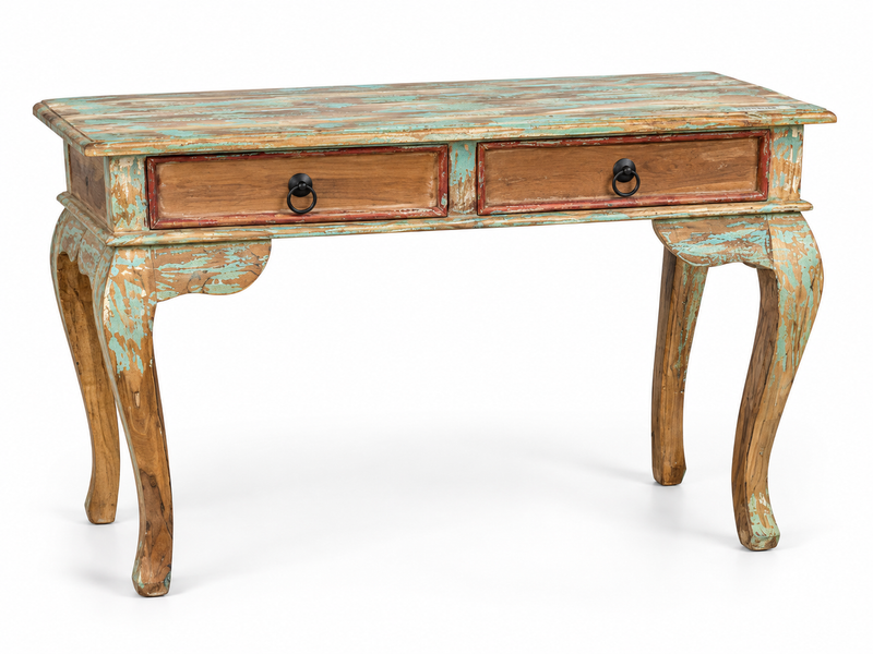 Console à deux tiroirs en bois patiné turquoise, pieds courbés et poignées en anneau