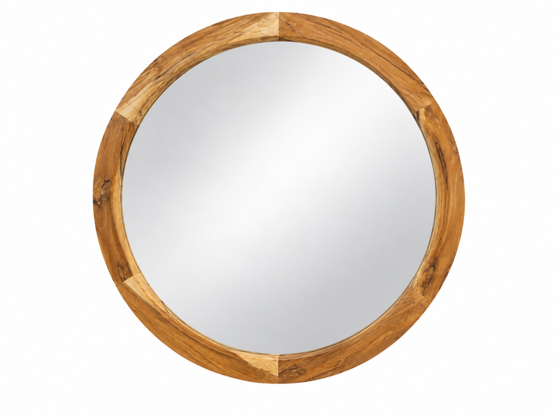 Miroir rond au cadre en teck assemblé par segments, vu de face