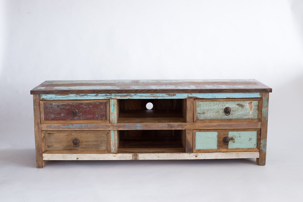 Lamony reclaimed wood TV stand seen from the front, four painted drawers and two open shelves