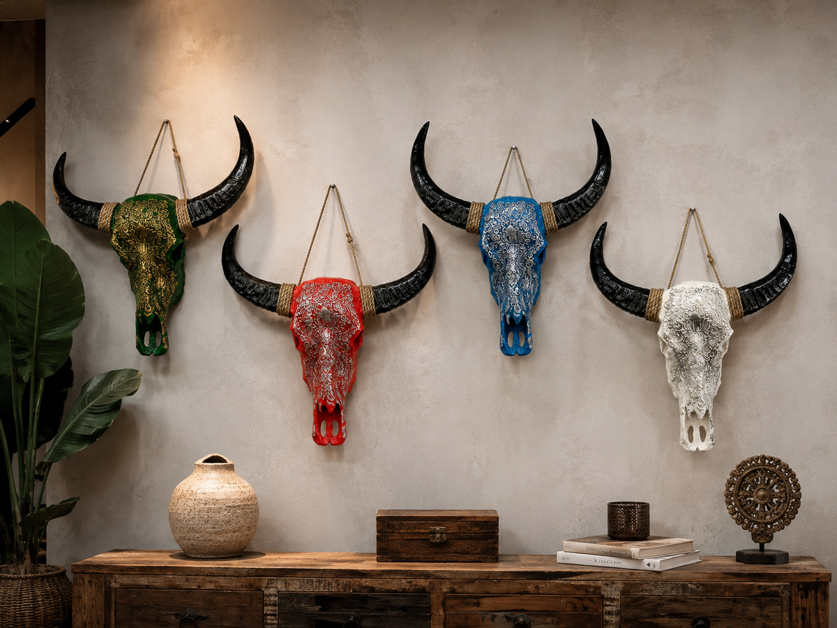 Quatre crânes de bœuf décoratifs peints en vert, rouge, bleu et blanc, accrochés à un mur
