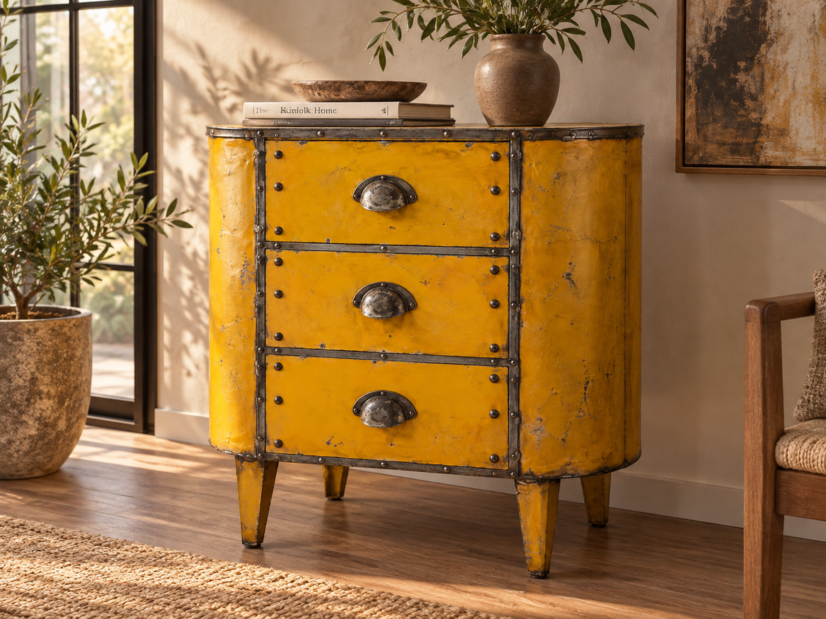 Commode en métal jaune à trois tiroirs posée contre un mur, vase et livres sur le dessus