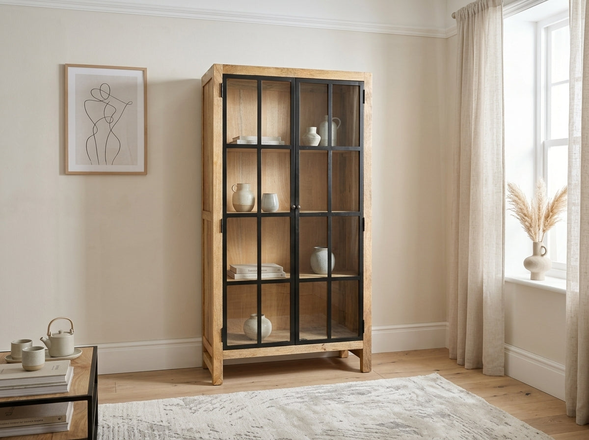Glass bookcase in mango wood