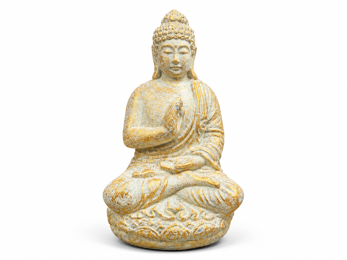Small Buddha statue seated on a lotus, white finish highlighted with gold