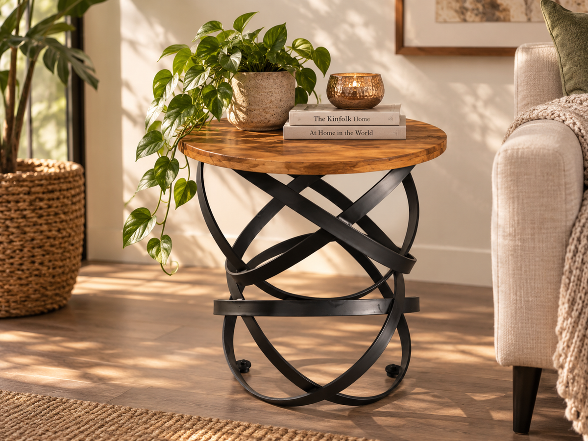 Table d'appoint ronde en manguier sur base d'anneaux en métal noir, près d'un fauteuil