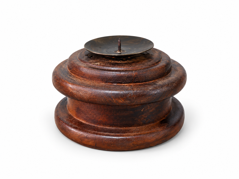 Tiered wooden candle holder, metal cup and spike for the candle