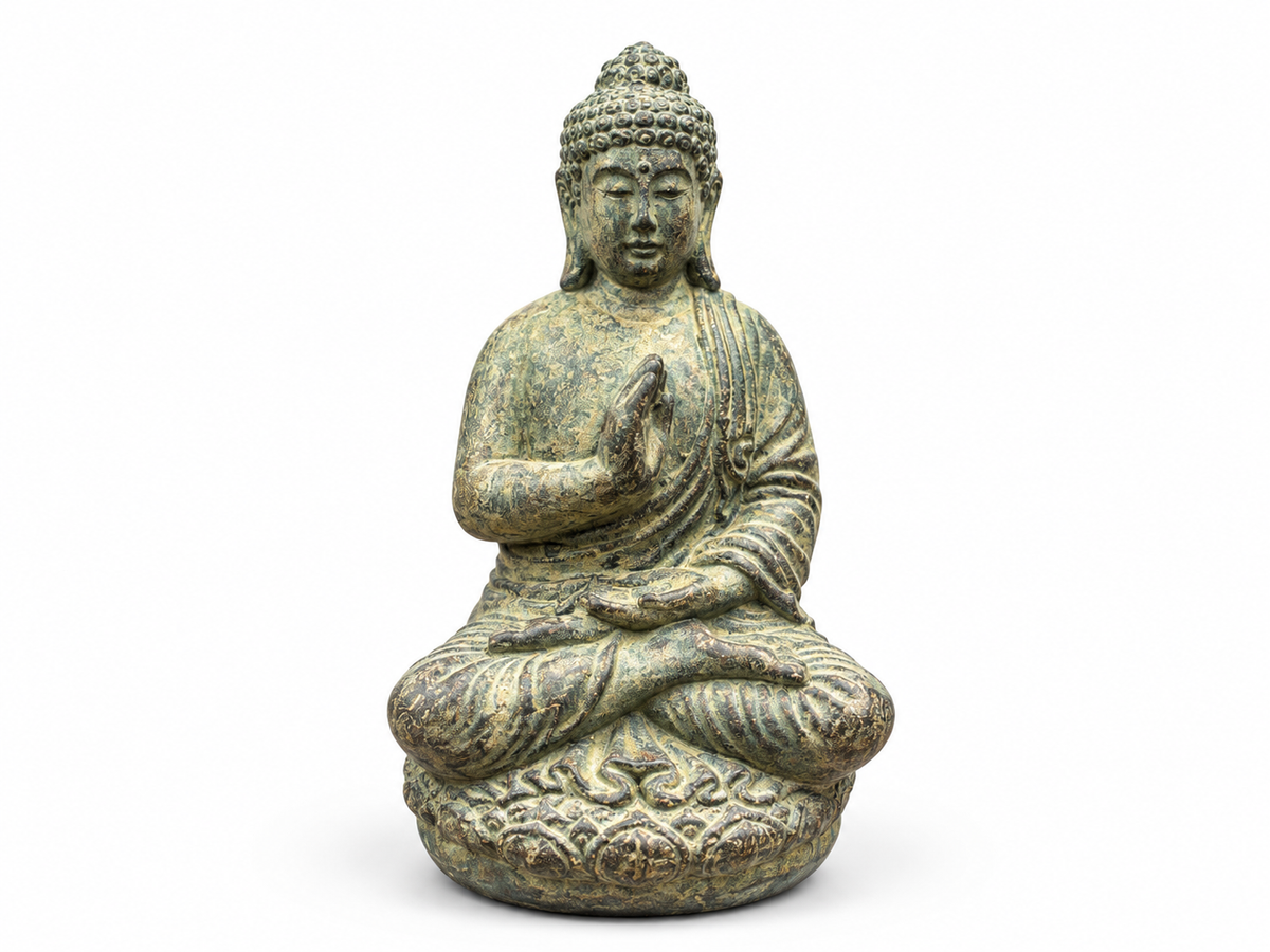 Small seated Buddha statue in a patinated bronze finish, hand raised