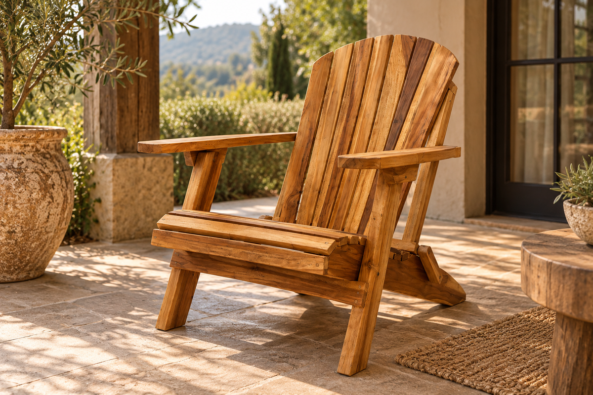 Teak Adirondack chair on a sunny patio