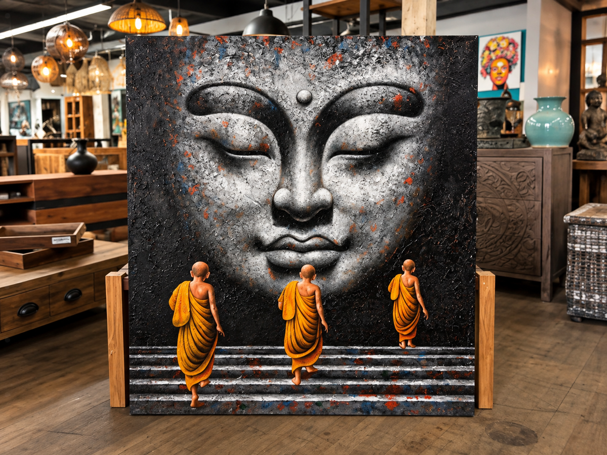 Toile peinte à la main, visage de Bouddha en gris et trois moines en robe orange