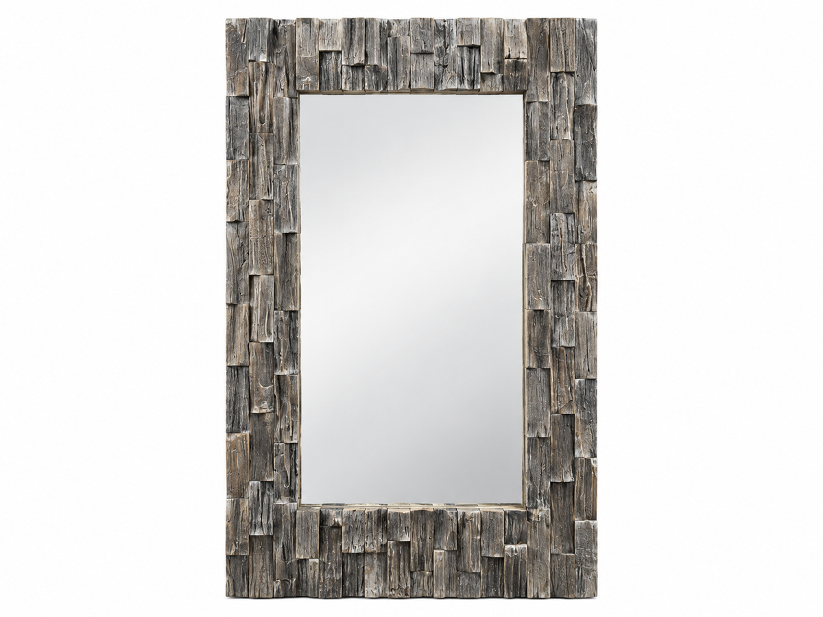 Miroir rectangulaire au cadre formé de blocs de bois gris de profondeurs variées