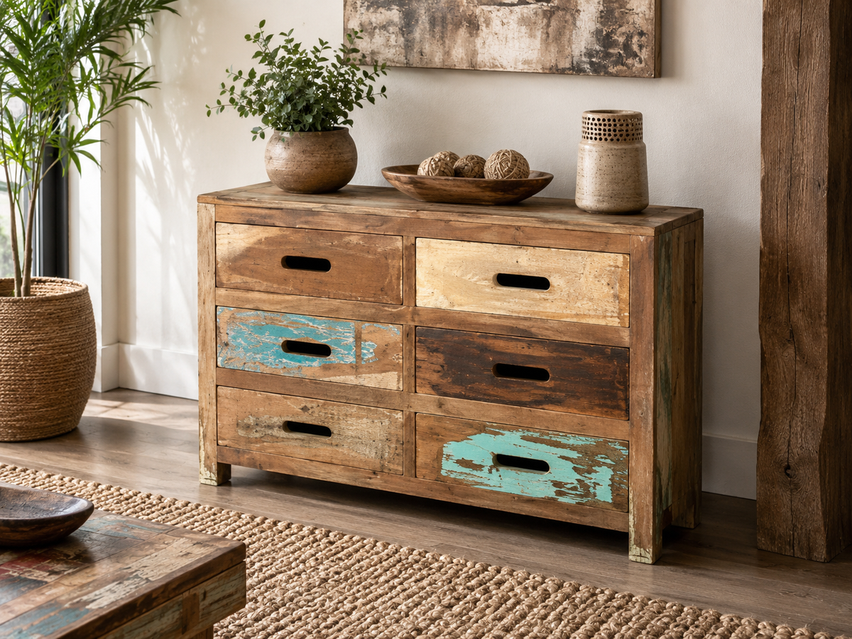 Commode Baja en bois recyclé avec six tiroirs colorés