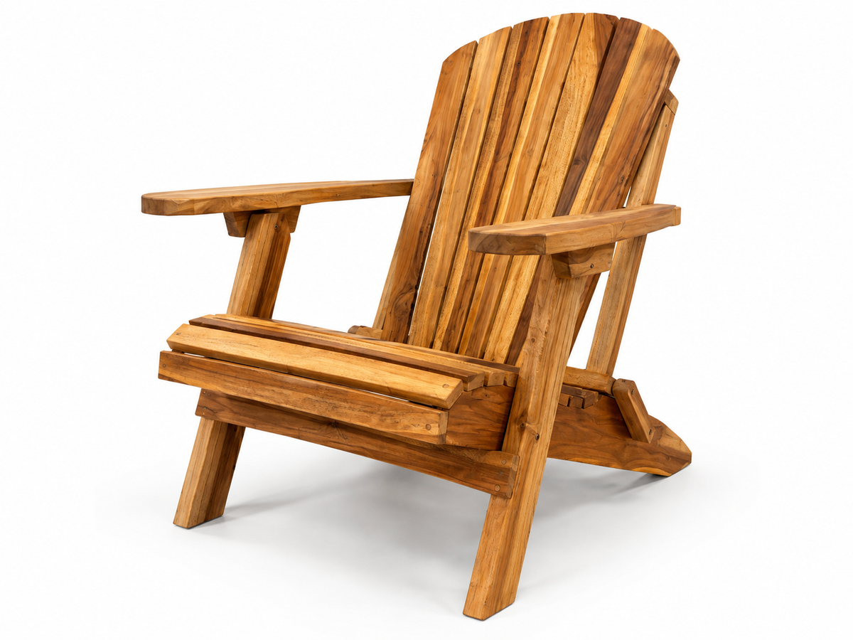 Solid teak Adirondack chair, slatted back and wide armrests
