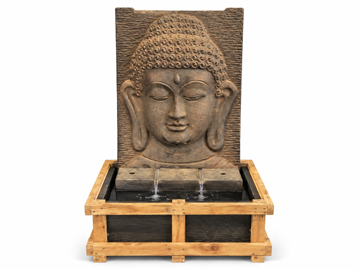Sand-toned concrete Buddha fountain, carved panel and basin