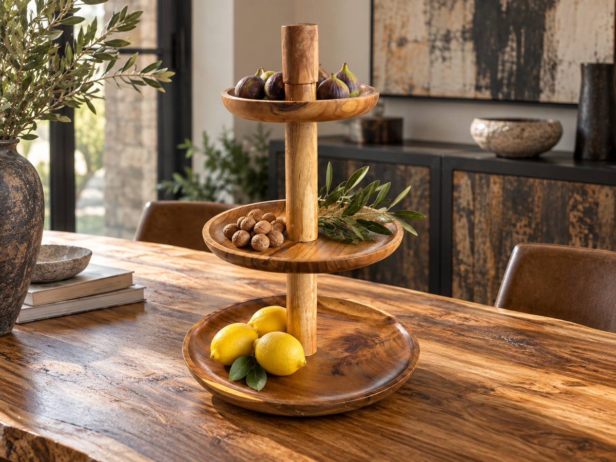 Présentoir à trois plateaux en bois garni de fruits sur une table à dîner