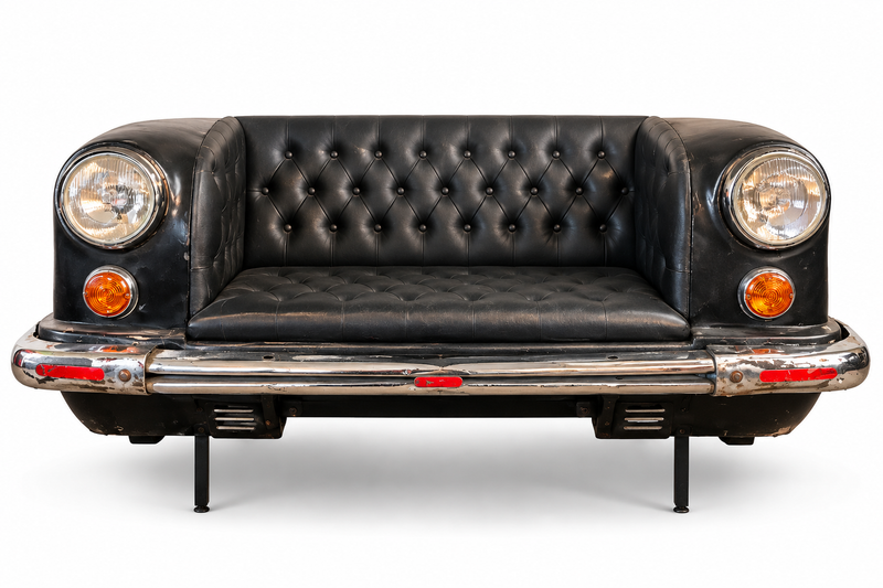 Tufted black leather car sofa seen from the front, round headlights and turn signals
