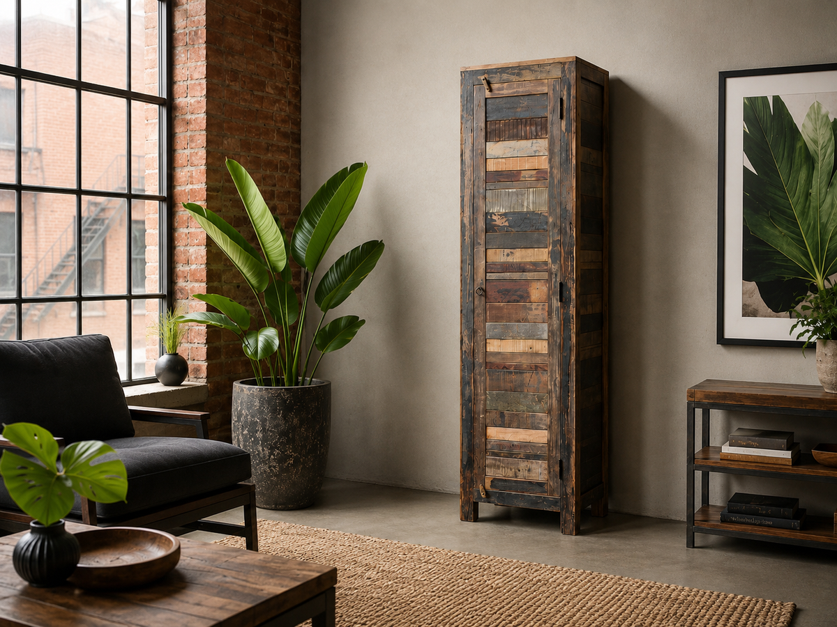 Armoire Almira une porte en bois recyclé, dans un loft aux murs de brique
