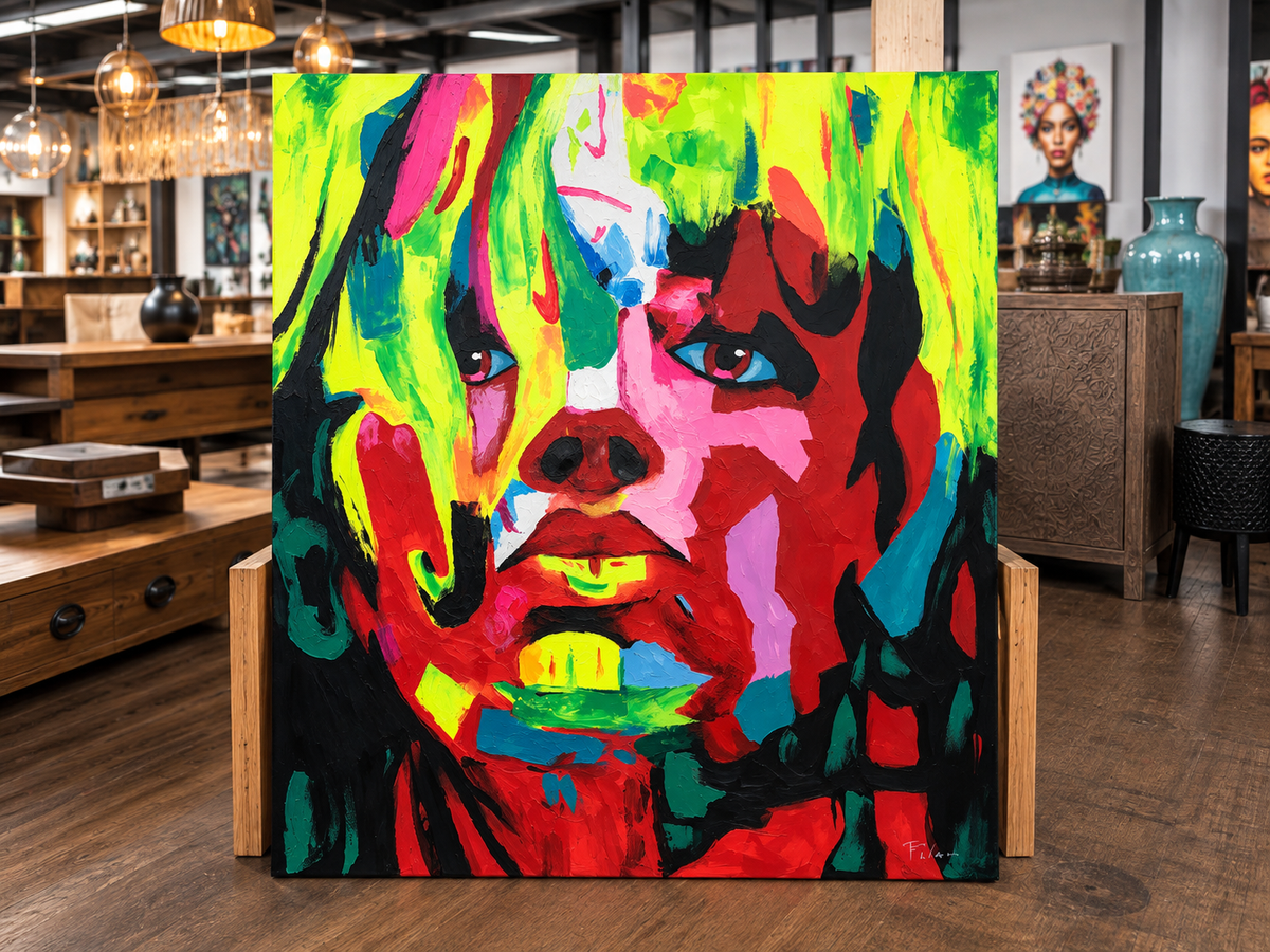 Toile peinte à la main, portrait de femme aux couleurs vives appliquées au couteau