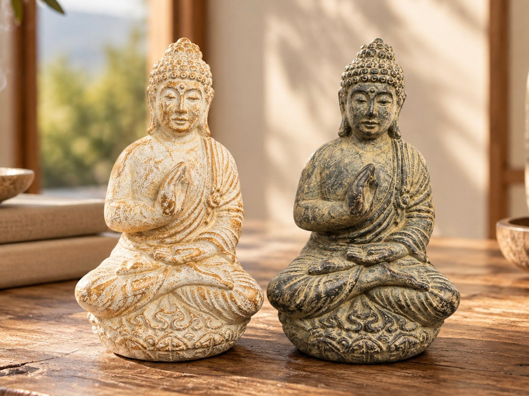 The two Buddha incense holders, beige and grey, on a wooden table