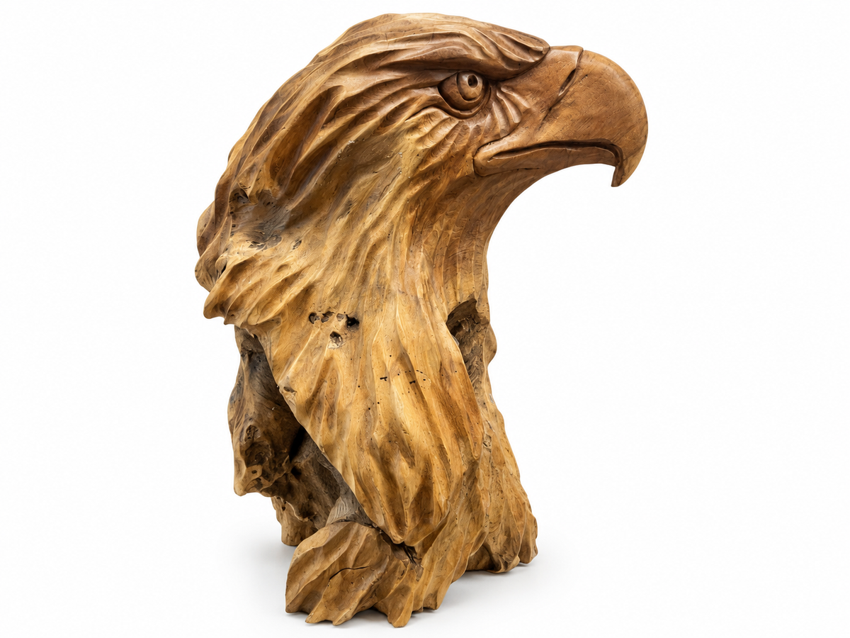 Buste de tête d'aigle sculpté en bois, vu de profil, bec et œil détaillés