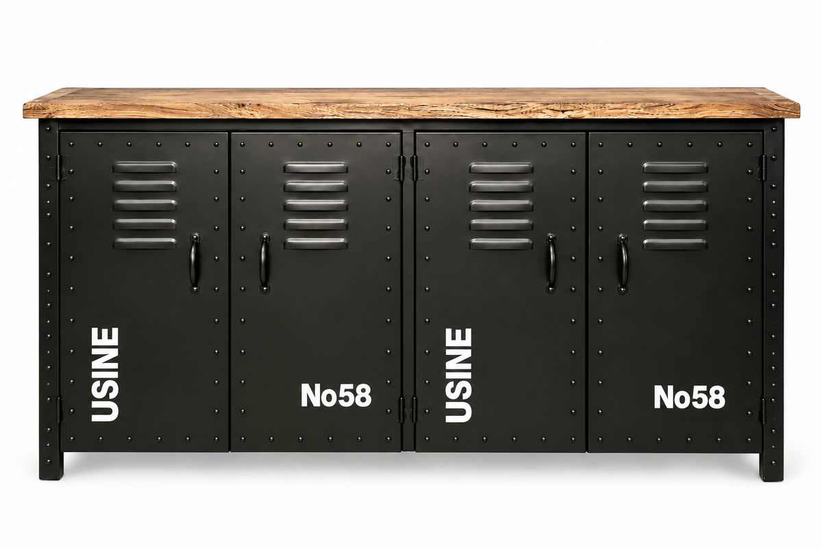 Buffet Daya noir en métal à quatre portes à persiennes, dessus en bois de manguier