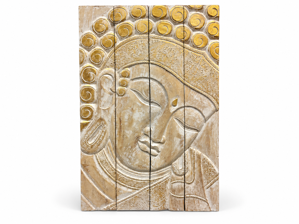 Panneau mural Bouddha blanchi aux boucles dorées à la feuille et gravures en relief
