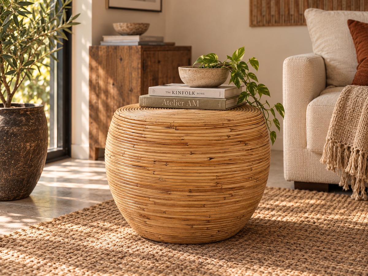Pouf tambour en rotin enroulé dans un salon, livres et bol posés dessus