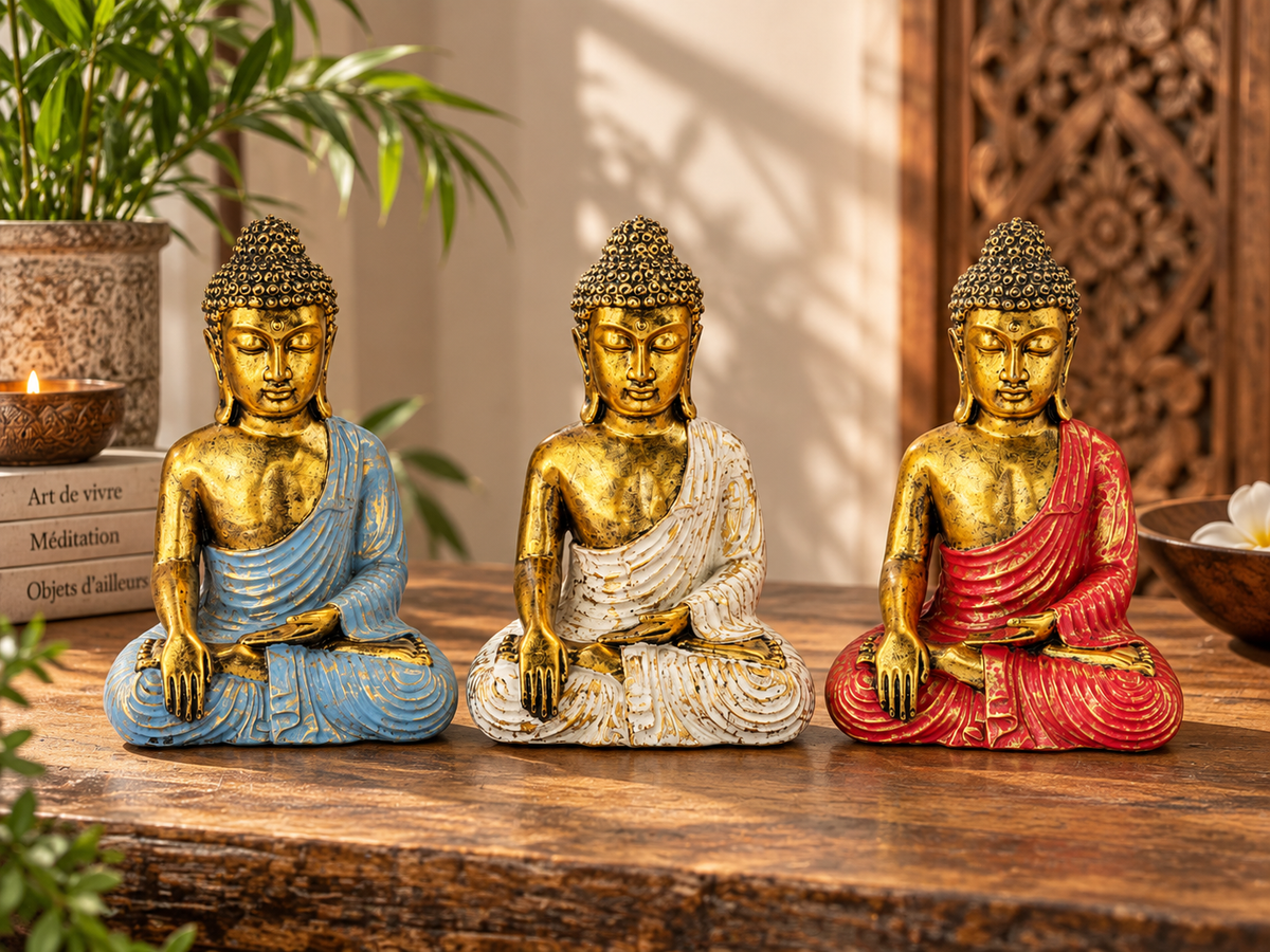 Trois statues de Bouddha assis en résine, drapés bleu, blanc et rouge sur corps doré