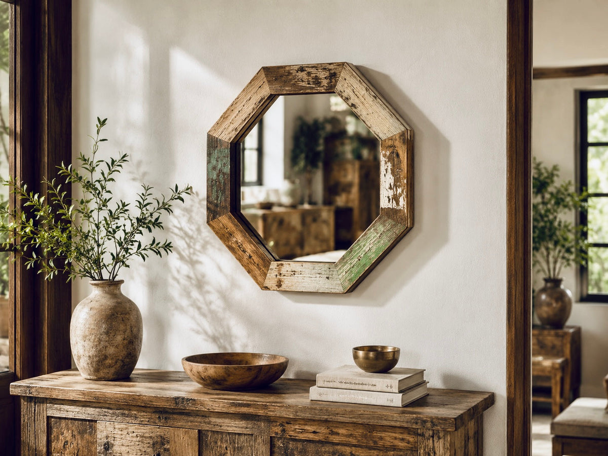 Miroir hexagonal en bois recyclé