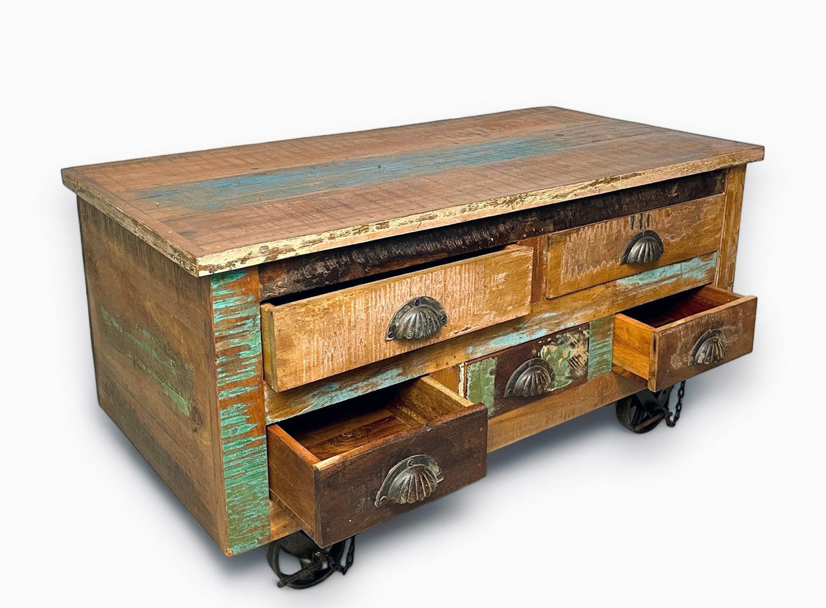 Table à café avec tiroirs en bois recyclé