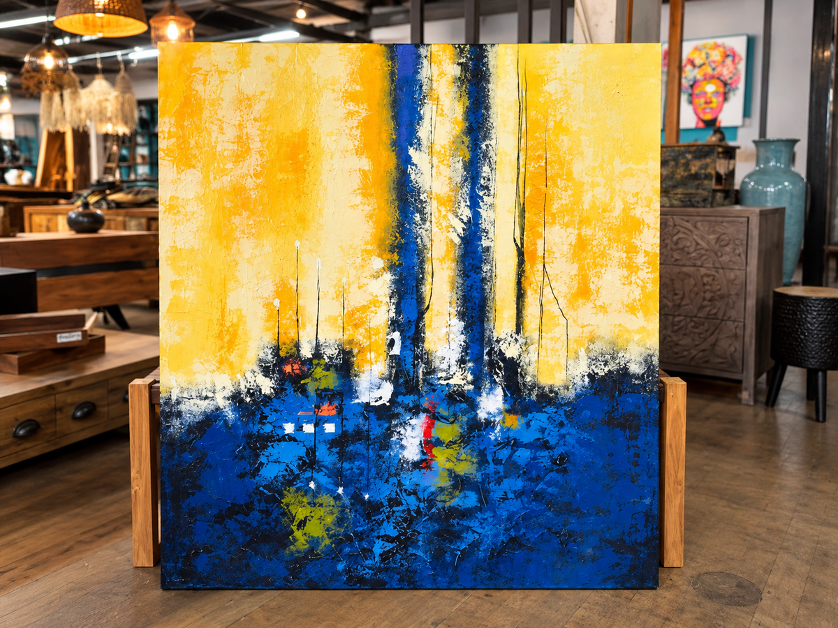 Toile abstraite en jaune et bleu, silhouettes de mâts sur une ligne d'horizon