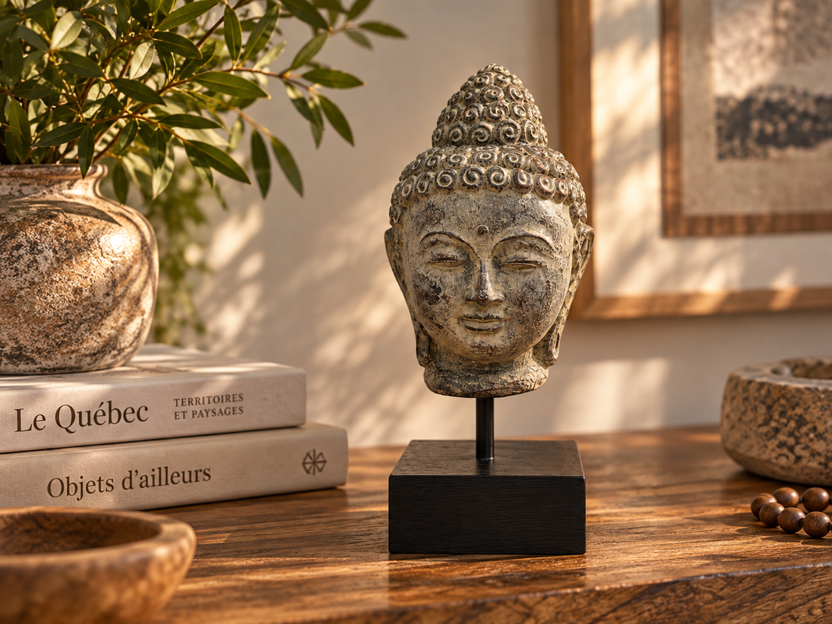 Petite tête de Bouddha en ciment au fini vieilli, montée sur un socle noir