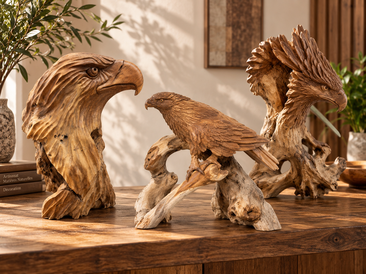 Trois sculptures d'aigle en bois posées sur un buffet, buste de tête et oiseaux entiers