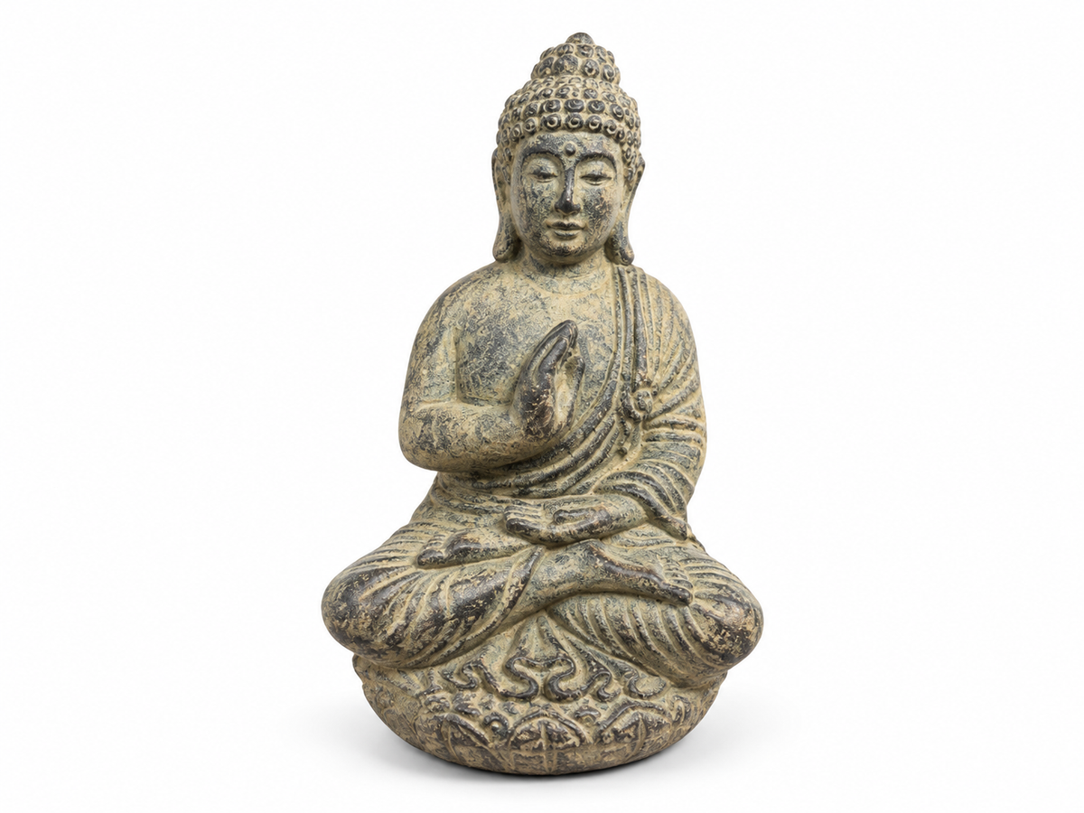 Grey cement Buddha incense holder with an aged finish, right hand raised