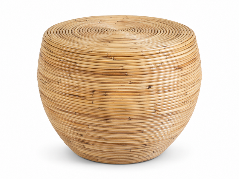 Pouf tambour en rotin enroulé, dessus fermé en spirale