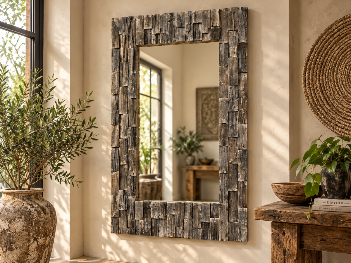 Miroir mural au cadre en blocs de bois assemblés, accroché dans une entrée claire