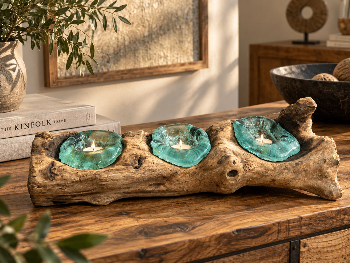 Bougeoir en bois brut allumé, trois bougies dans leurs coupes en verre recyclé