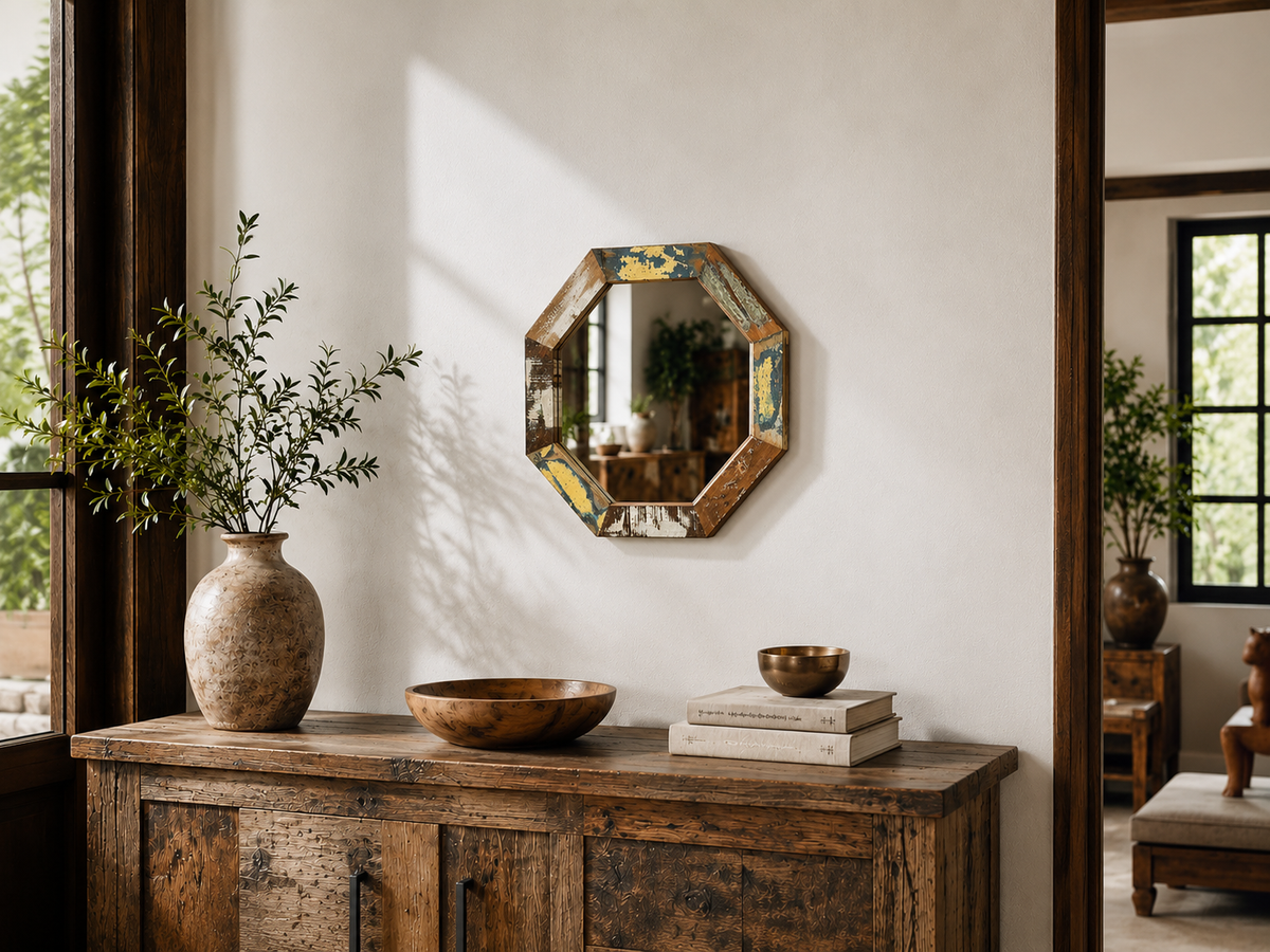 Miroir hexagonal en bois recyclé