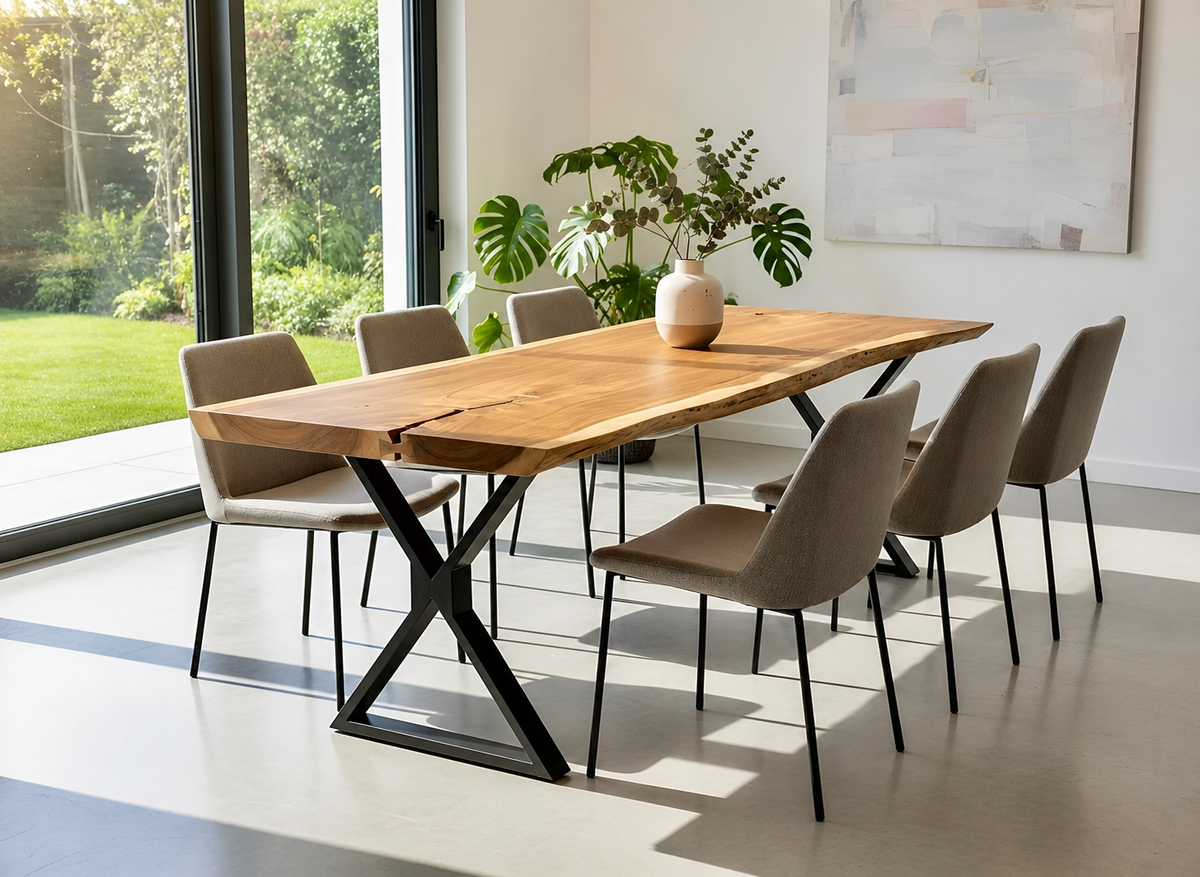 Suar wood live edge dining table on black metal X-shaped legs
