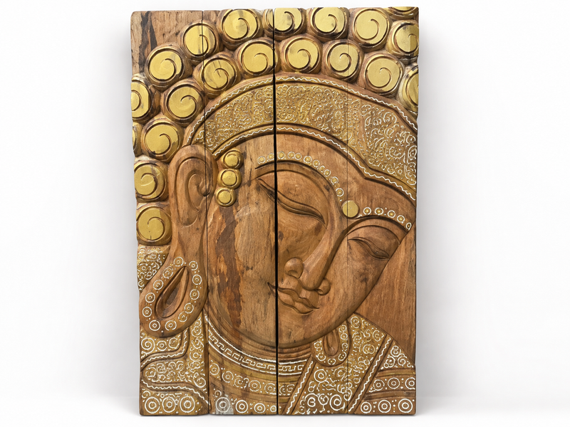 Panneau mural Bouddha en bois naturel, boucles dorées et gravures blanches
