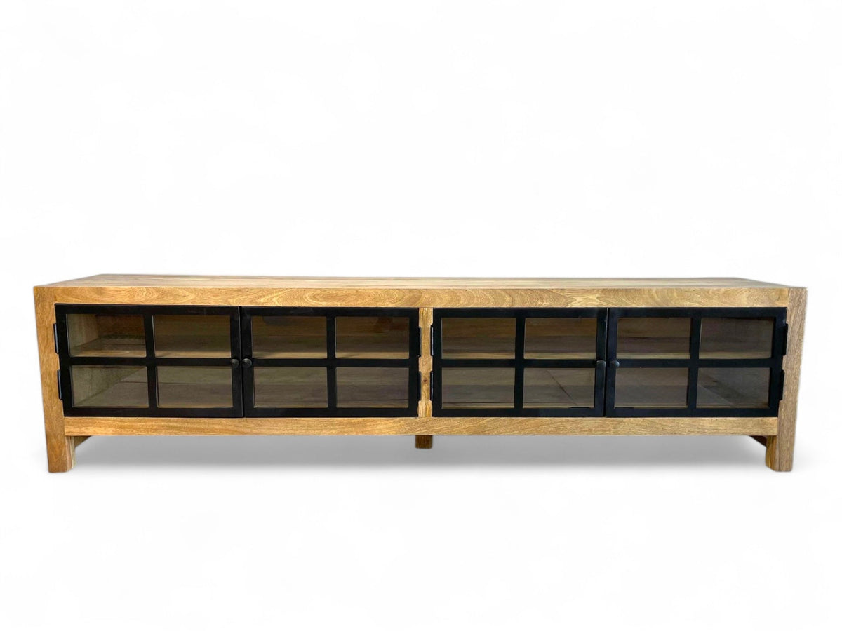Meuble TV en bois de manguier vitré