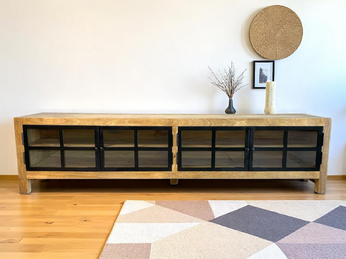 Meuble TV en bois de manguier vitré