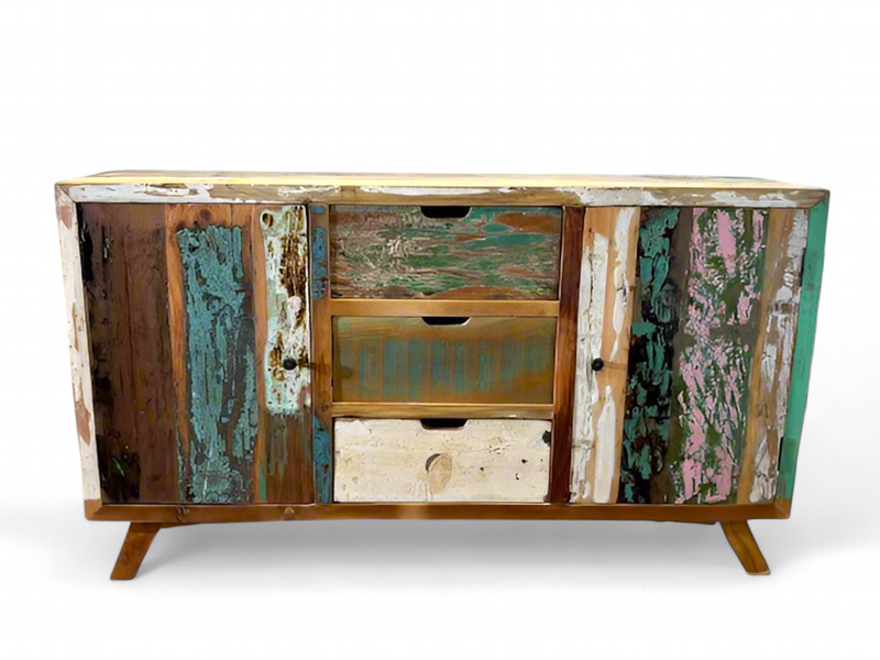 Painted reclaimed wood sideboard seen from the front, two doors, three drawers and splayed legs