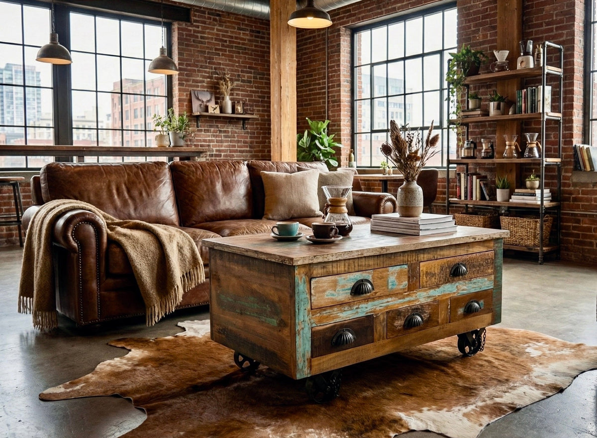 Table à café avec tiroirs en bois recyclé