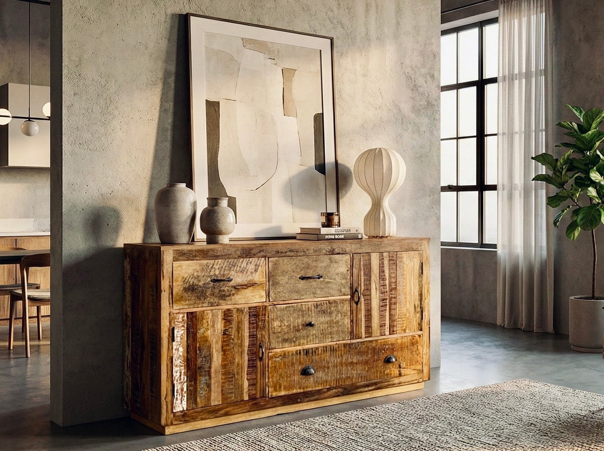 Buffet Tinka en bois recyclé, quatre tiroirs et deux portes